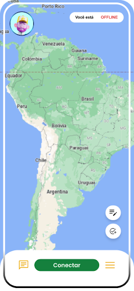 Tela do app EuLevoBR: mapa com o botão Conectar para ficar online