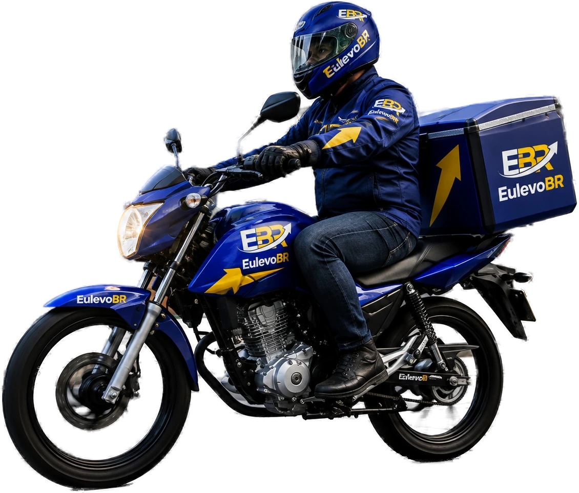Entregador parceiro da EuLevoBR em movimento na moto, com a bag da marca